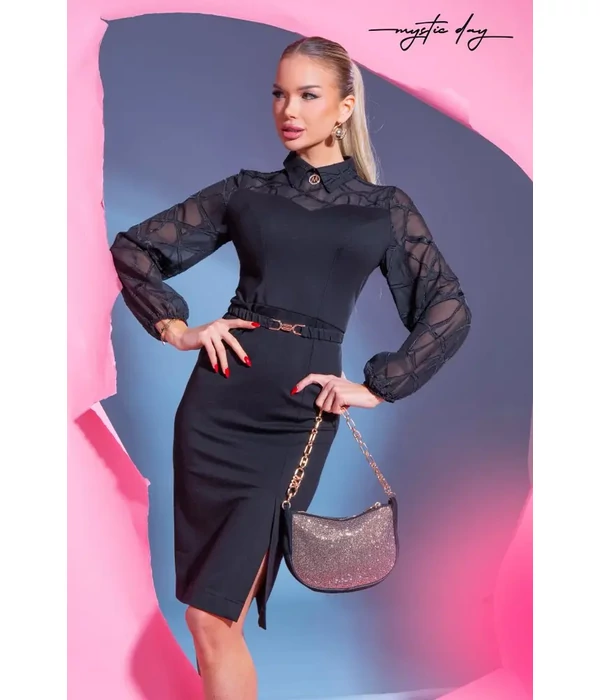 Mystic Day Lina Muszlin ujjú ruha fekete